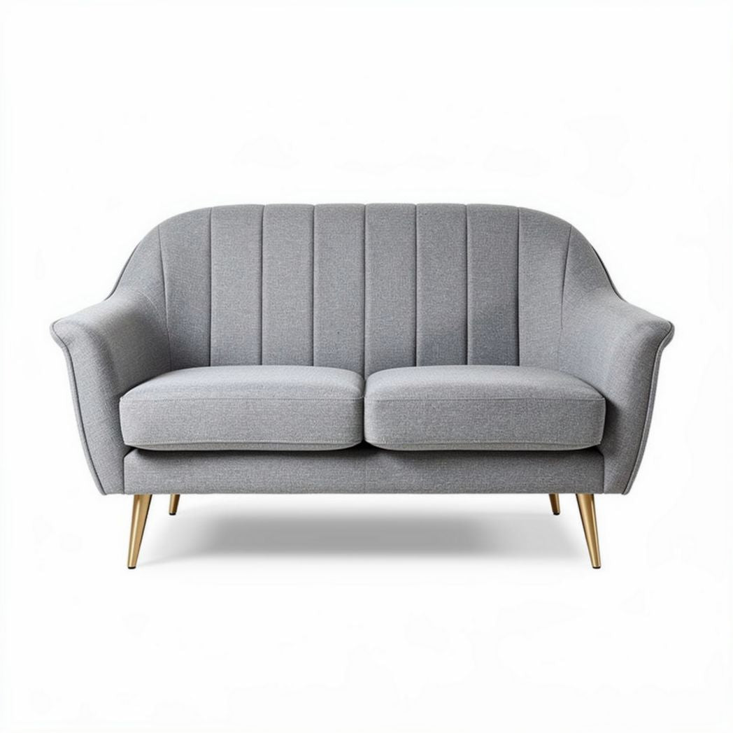 Two-seat sofa with gray fabric upholstery and wooden legs 150 x 80 x 85cm