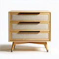 Wooden nightstand with three drawers and fabric front panels 45 x 40 x 60cm