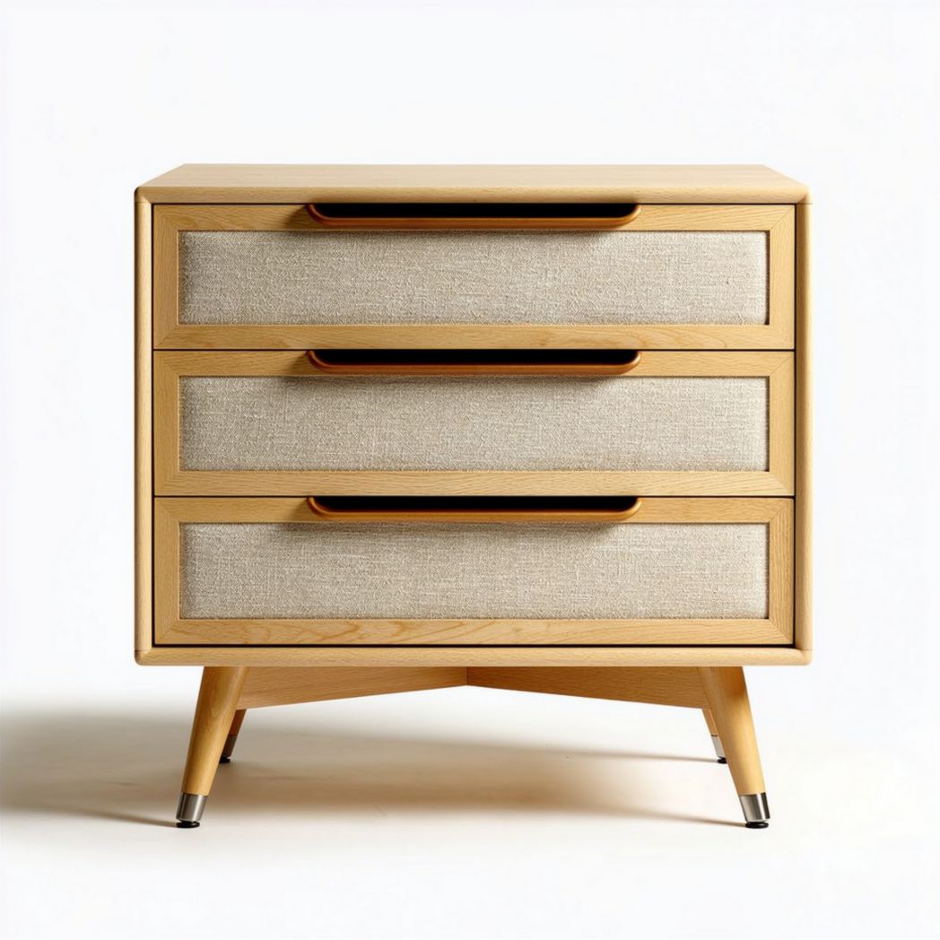 Wooden nightstand with three drawers and fabric front panels 45 x 40 x 60cm