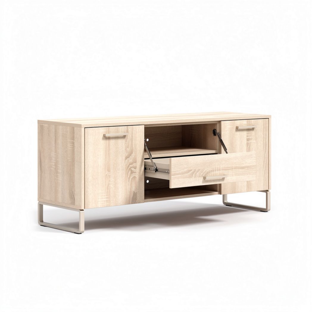 Wooden media console with storage doors and metal legs 120 x 40 x 55cm
