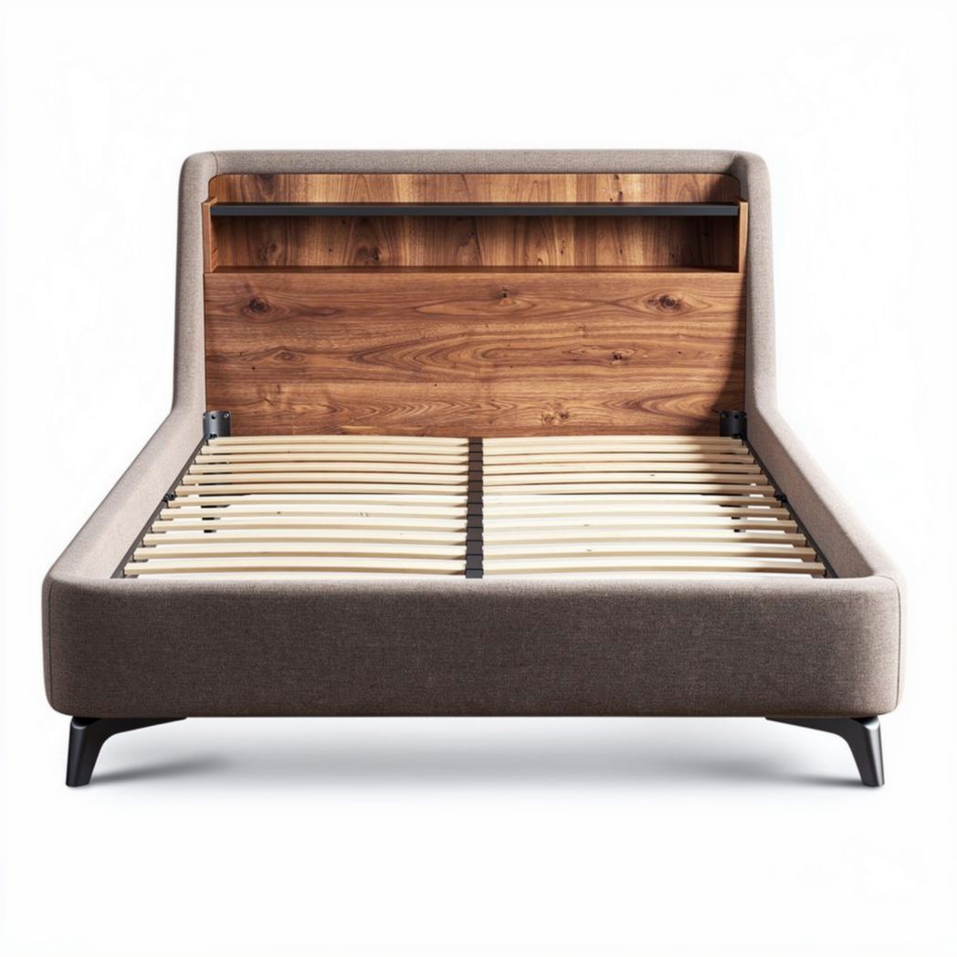 Upholstered storage bed frame with wooden headboard queen size 200 x 160 x 90cm