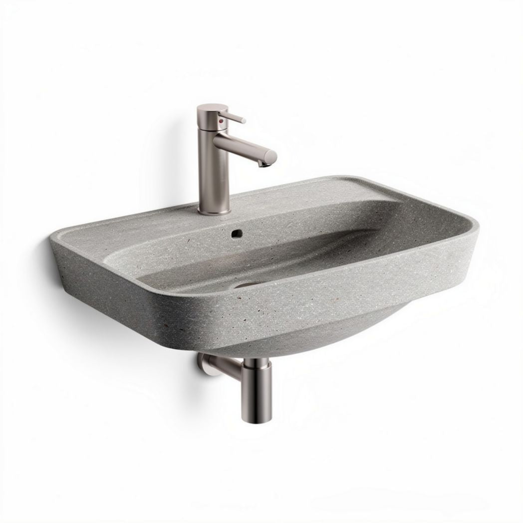 Wall-mounted rectangular sink in gray stone finish with faucet included
