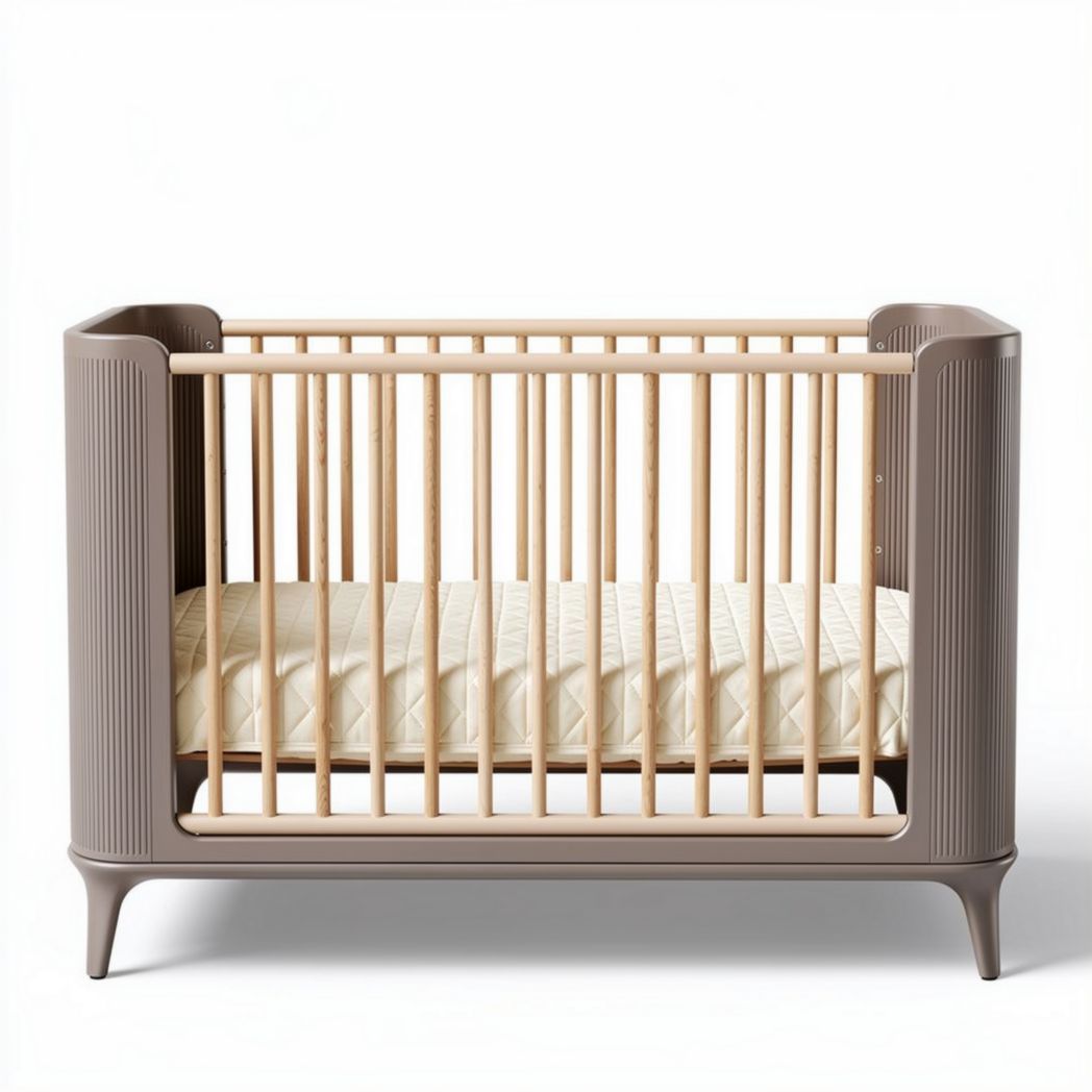 Modern baby crib in grey with natural wood accents 120 x 60 x 90cm