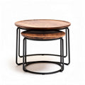 Nestable round coffee tables with wooden tabletops and black metal frames 60 x 60 x 40cm