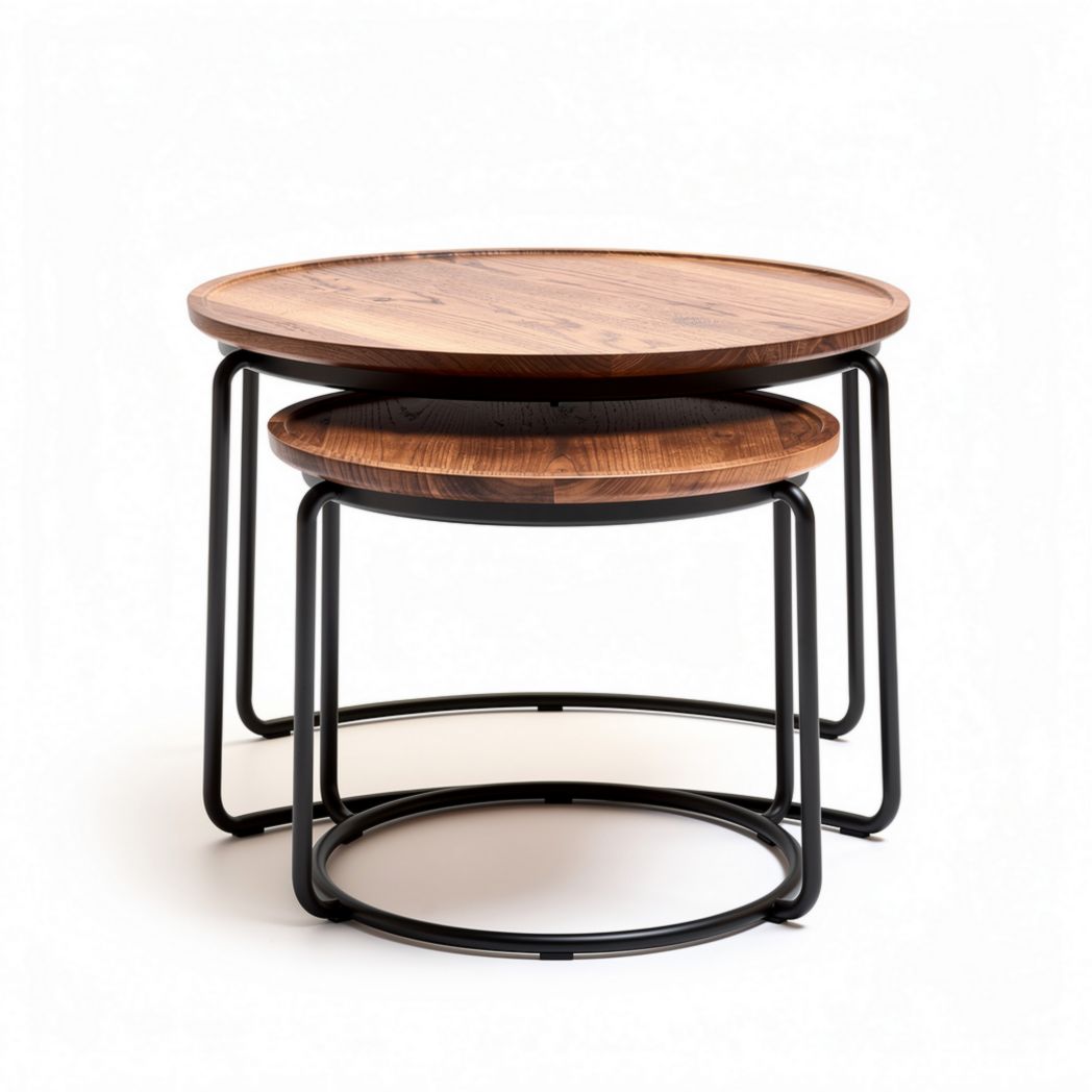 Nestable round coffee tables with wooden tabletops and black metal frames 60 x 60 x 40cm