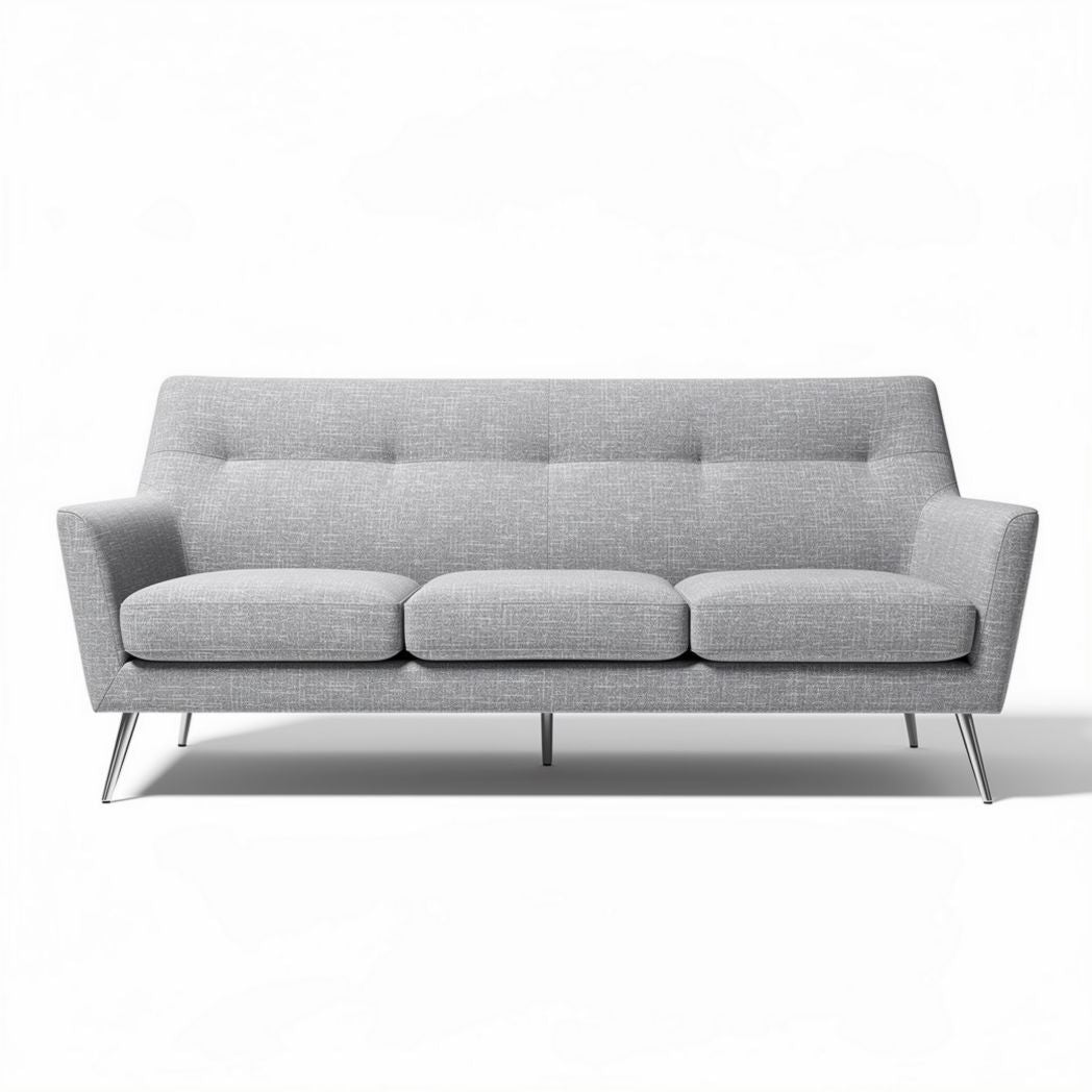 Mid-century modern three-seat sofa in light gray fabric with stainless steel legs 180 x 90 x 80cm